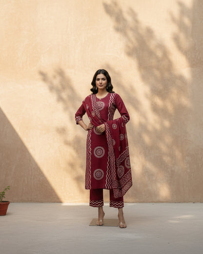 Red Print cotton Kurta Set 2