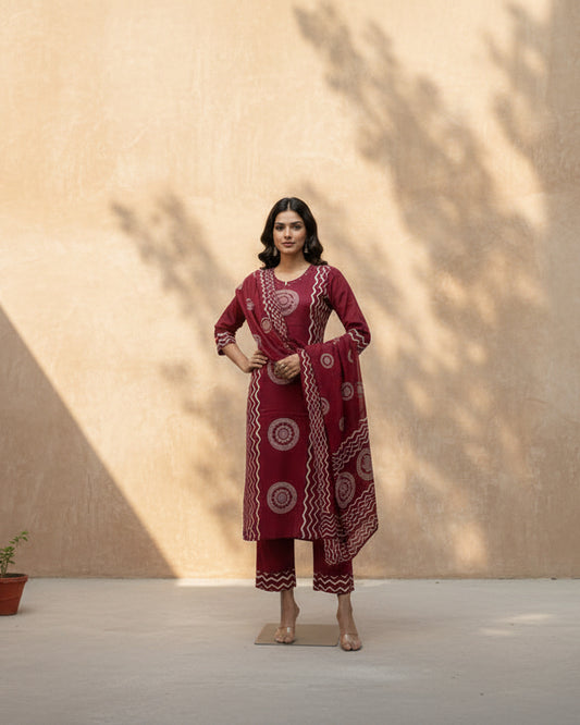 Red Print cotton Kurta Set 2