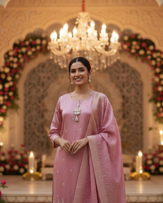 Rose Embroidered Kurta Set for Women with Dupatta | Ethnic Festive Outfit | Odhanibymann