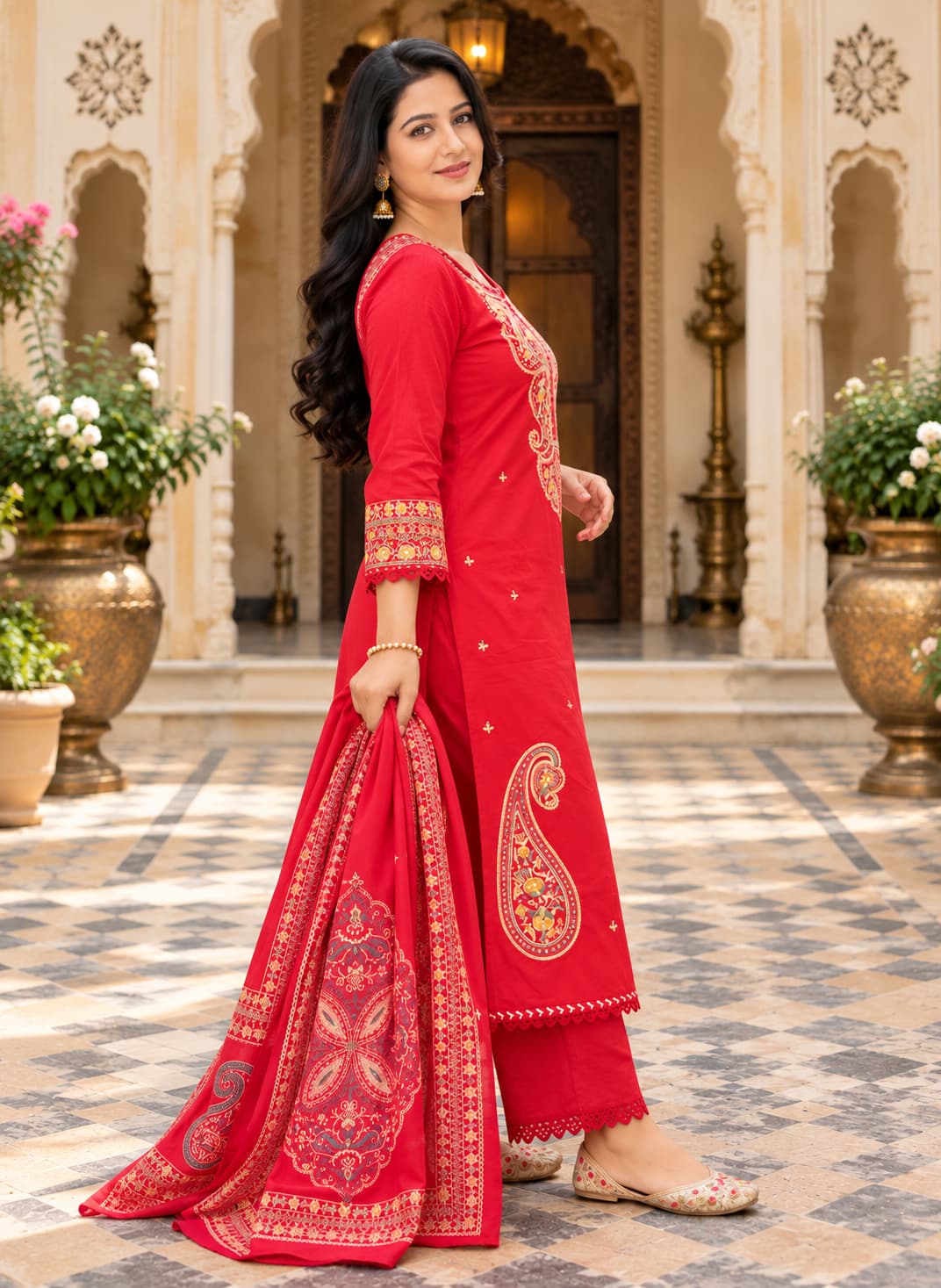 Red festive kurta set for Karwa Chauth and Diwali with paisley hem embroidery