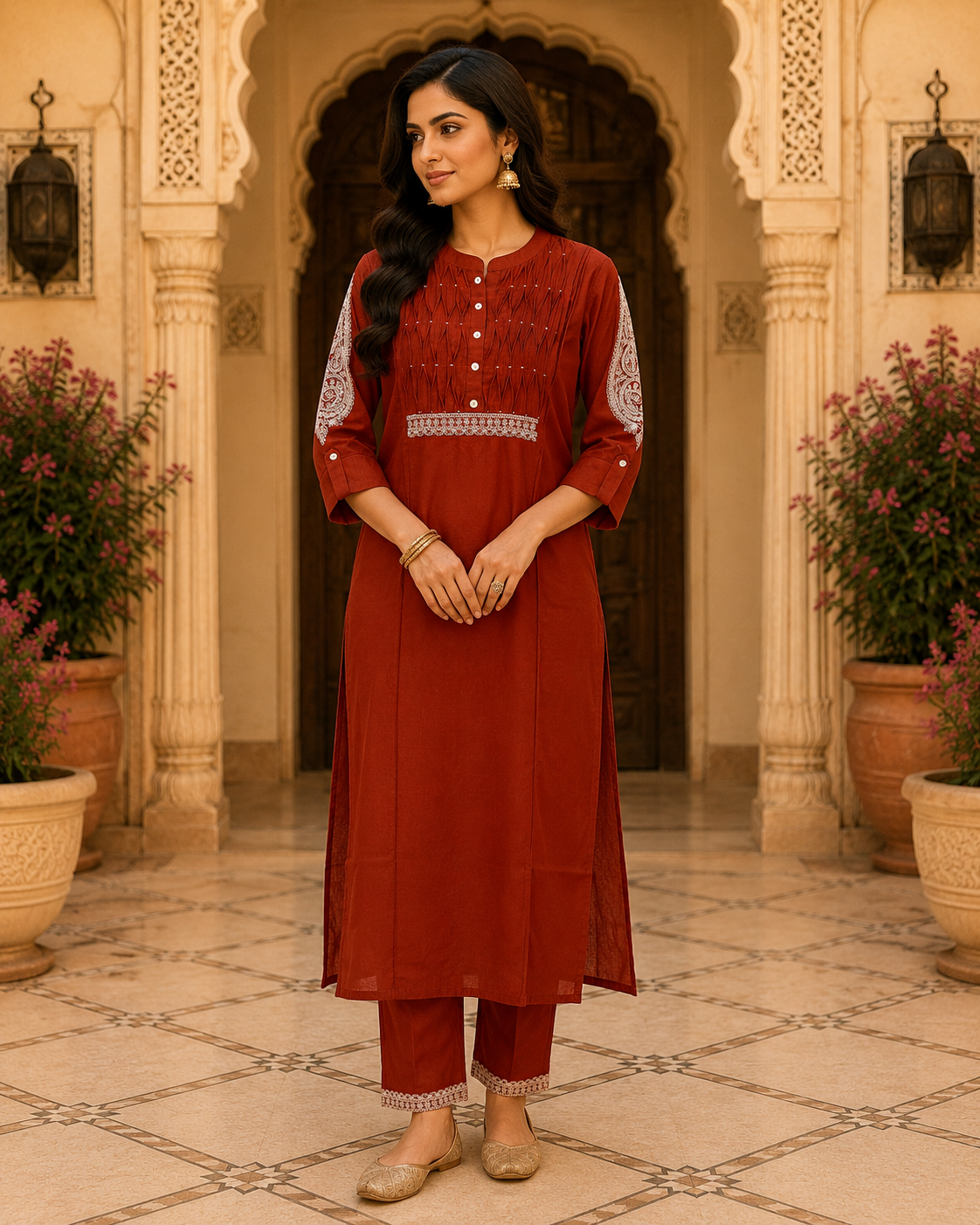 Rust Embroidered Cotton Kurta Pant Set1