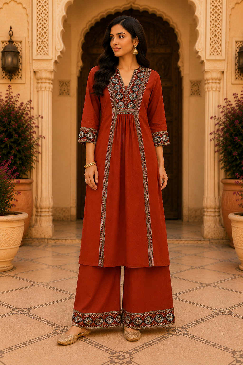 Rust embr kurta set