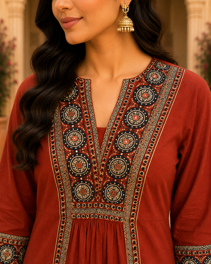 Rust embr kurta set2