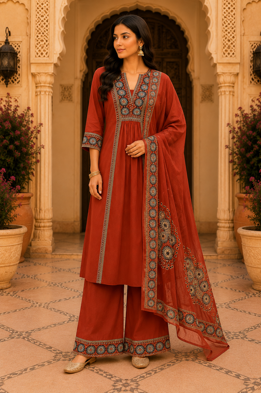 Rust embr kurta set5