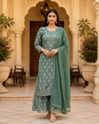 Pista Green Embroidered Sarara Kurta Set