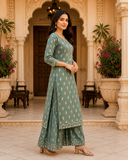 Pista Green Embroidered Sarara Kurta Set