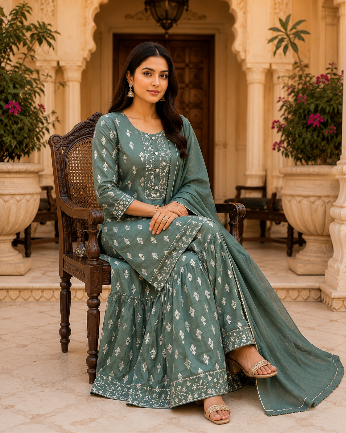 Pista Green Embroidered Sarara Kurta Set