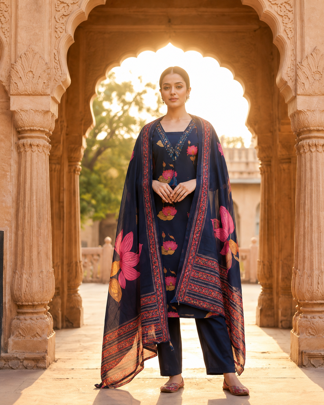 Navy Blue Lotus Printed Kurta Set