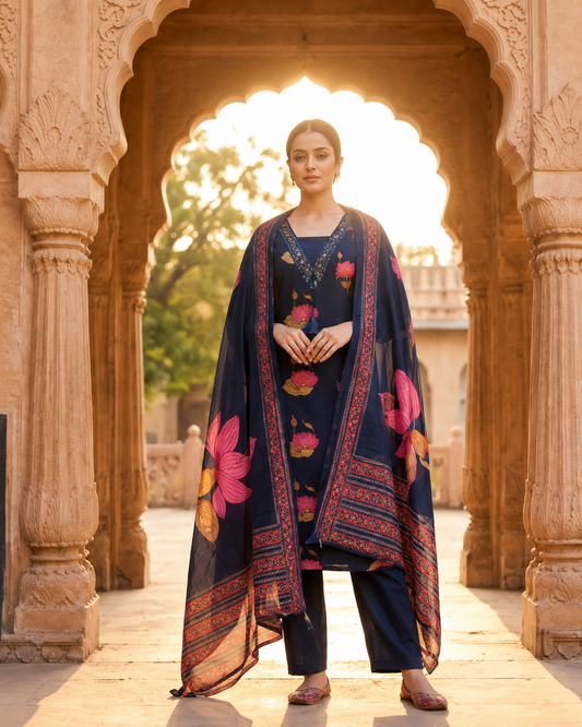 Navy Blue Lotus Printed Kurta Set