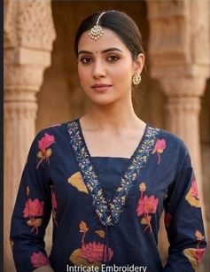 Navy Blue Lotus Printed Kurta Set