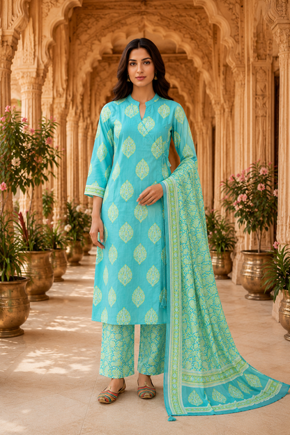 Skyblue Printed Cotton Kurta Set