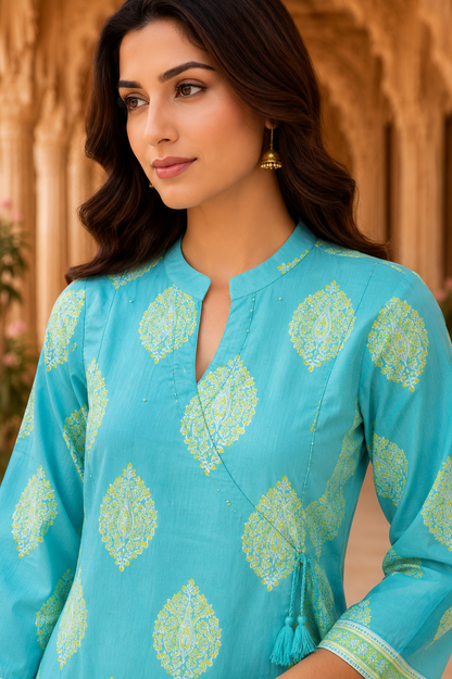 Skyblue Printed Cotton Kurta Set