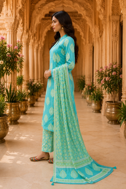 Skyblue Printed Cotton Kurta Set