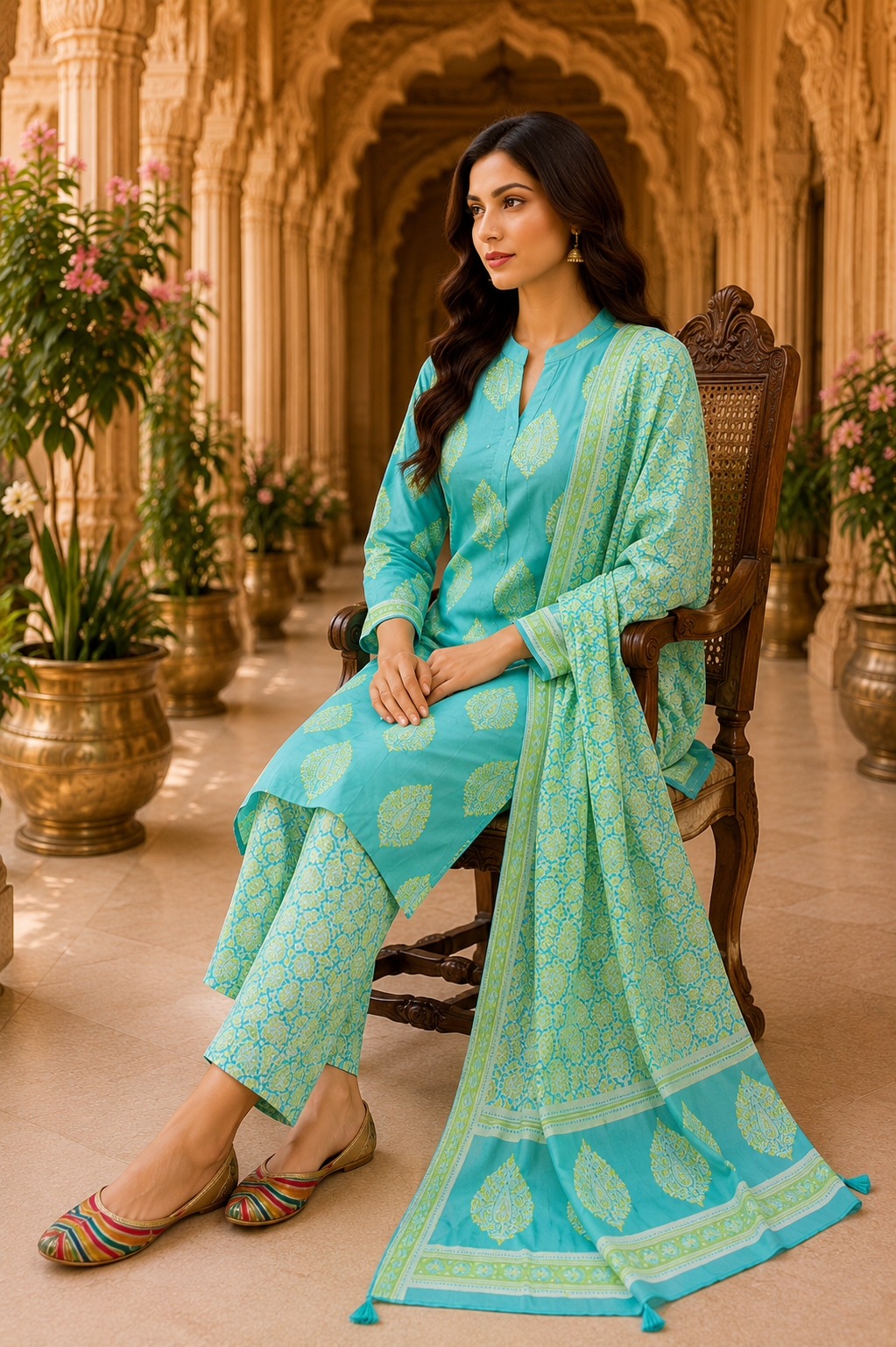 Skyblue Printed Cotton Kurta Set