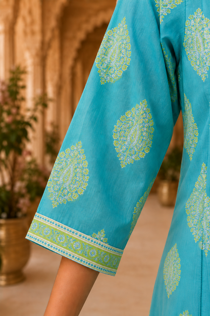 Skyblue Printed Cotton Kurta Set