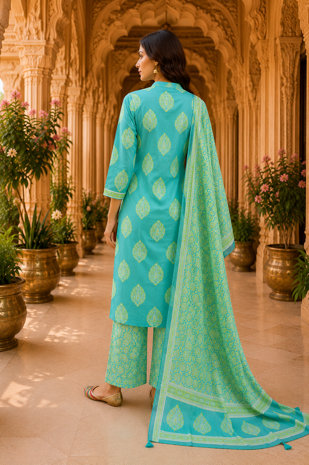 Skyblue Printed Cotton Kurta Set