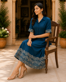 Teal Embroidered Cotton Shirt Dress