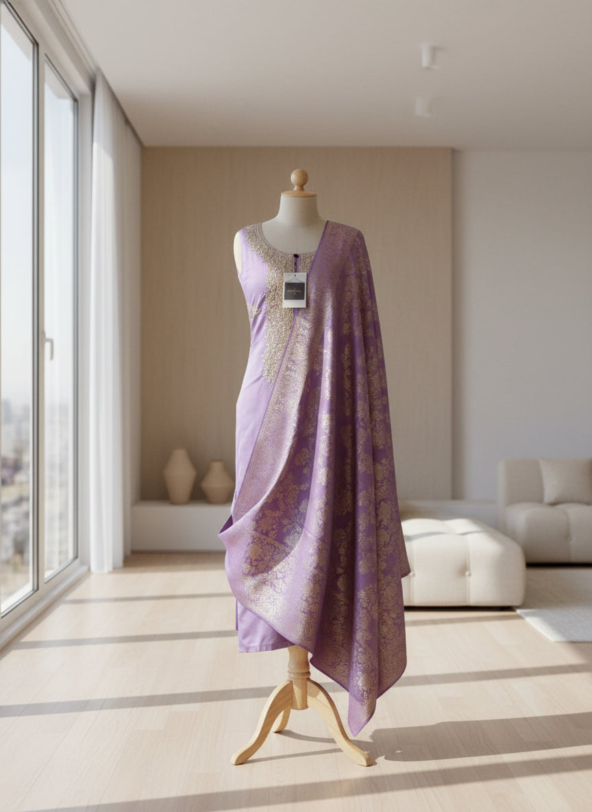 Neck Embroidery Suit Material with the Banarasi Texture Dupatta Set