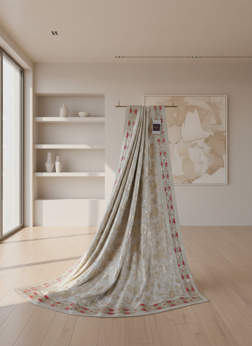 Beige and Pink Gota Patti Kurta Material