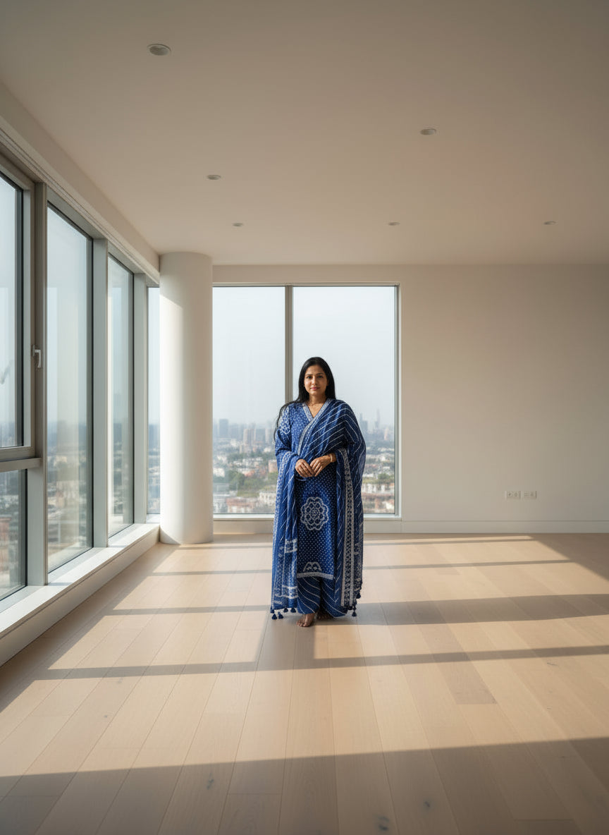 Indigo Bandhani Print Cotton Kurta Set with Striped Dupatta