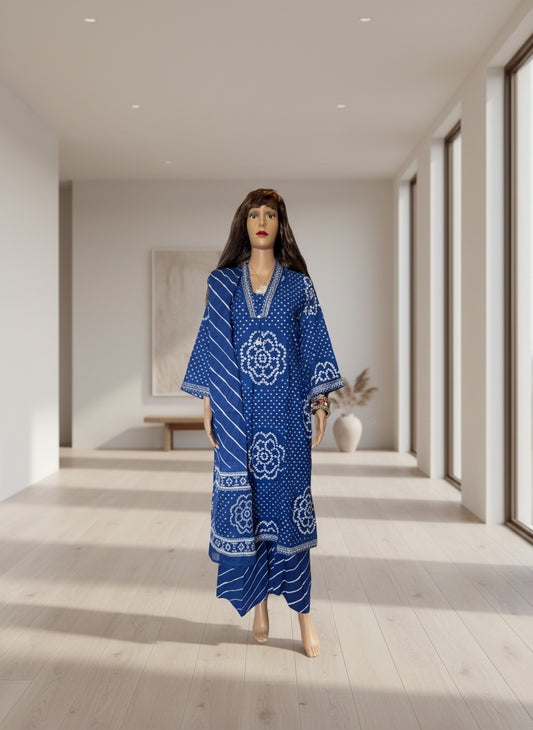 Indigo Bandhani Print Cotton Kurta Set with Striped Dupatta
