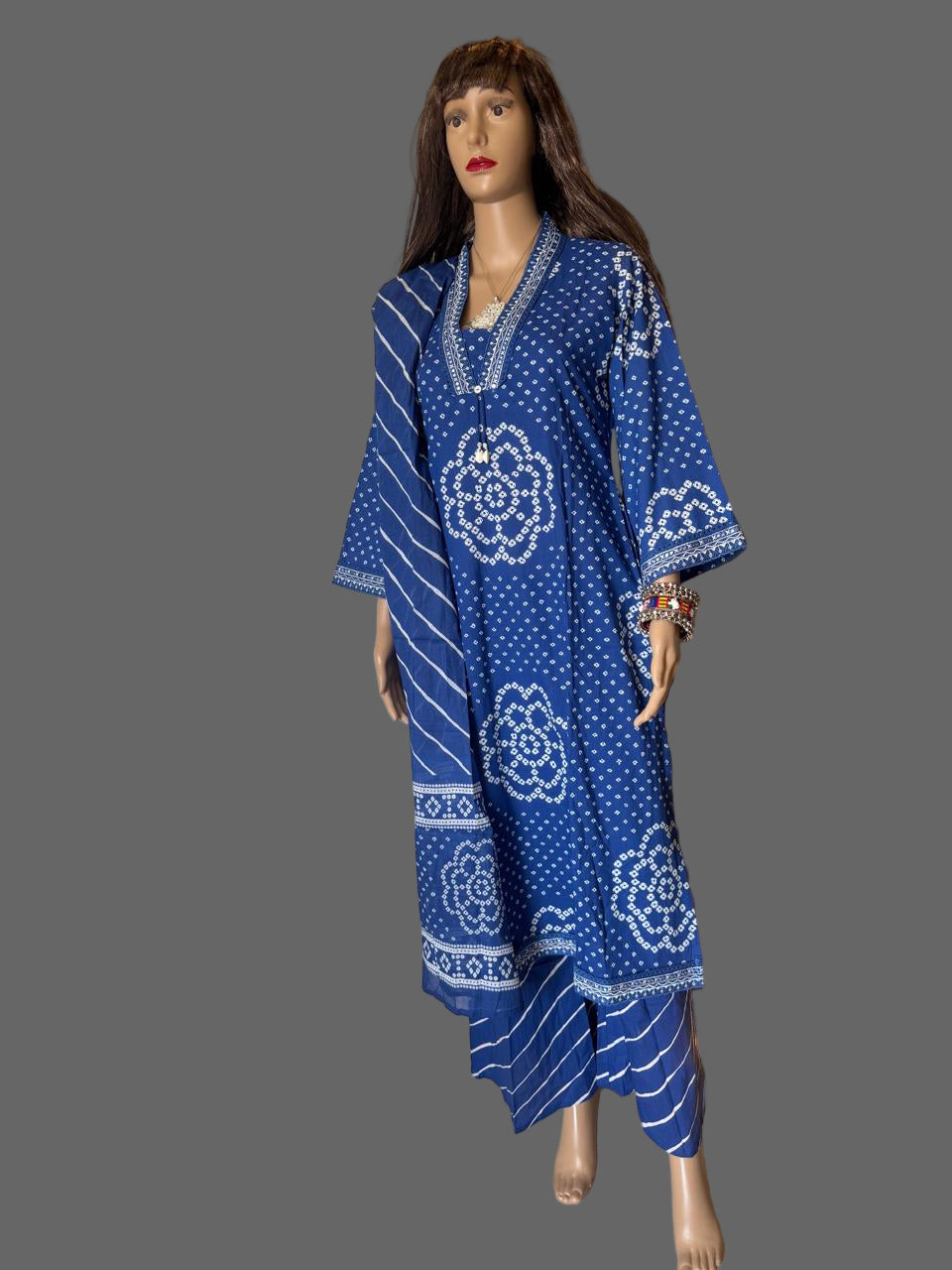 Indigo Bandhani Print Cotton Kurta Set with Striped Dupatta