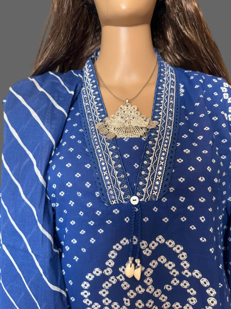 Indigo Bandhani Print Cotton Kurta Set with Striped Dupatta