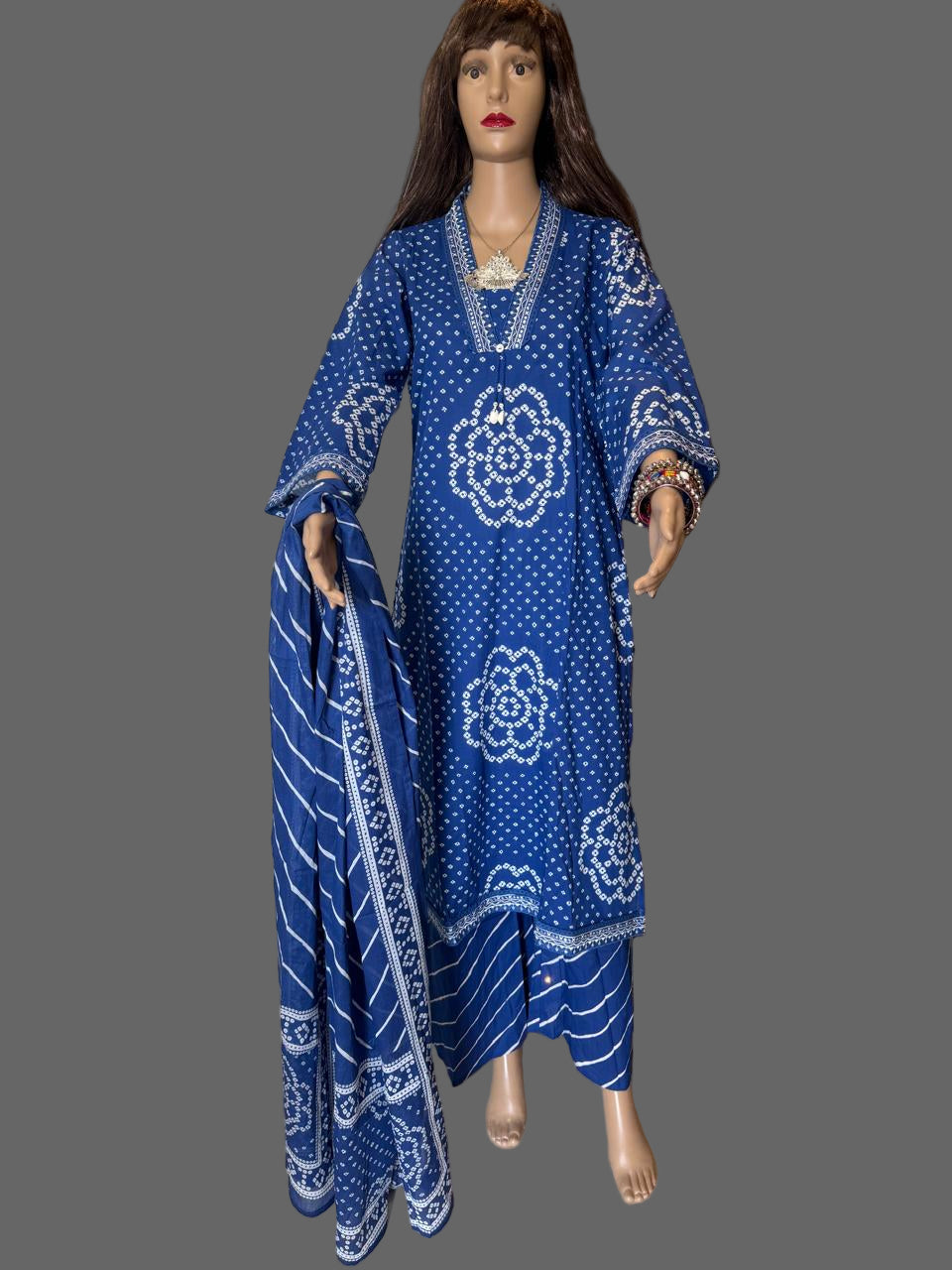 Indigo Bandhani Print Cotton Kurta Set with Striped Dupatta