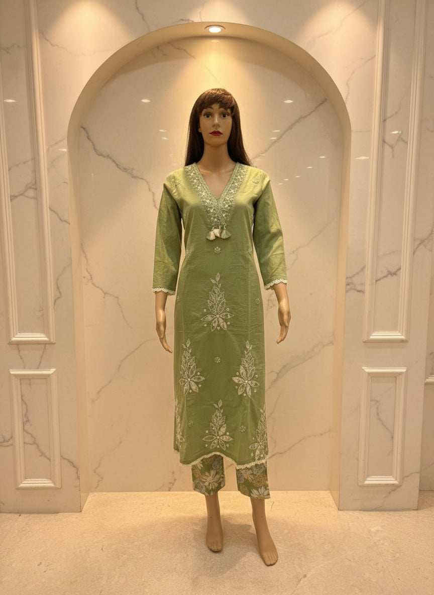 Thread and Patch Work Pista Green Cotton Printed Kurta Set