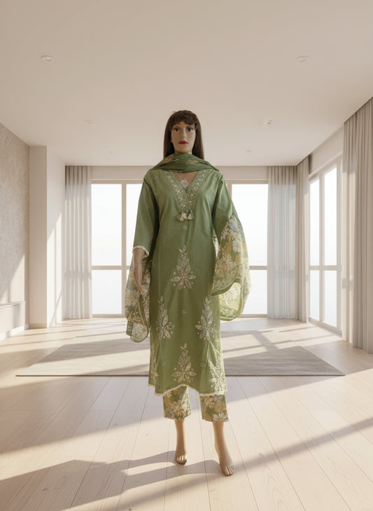 Thread and Patch Work Pista Green Cotton Printed Kurta Set