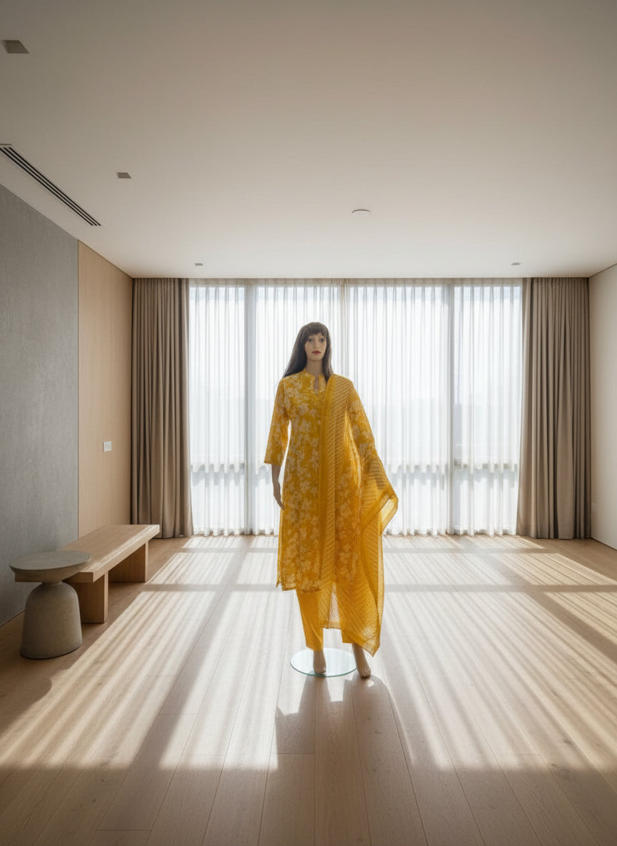 Yellow Cotton Angrakha Printed Kurta Set