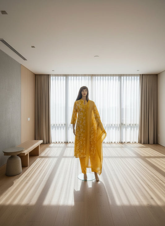 Yellow Cotton Angrakha Printed Kurta Set