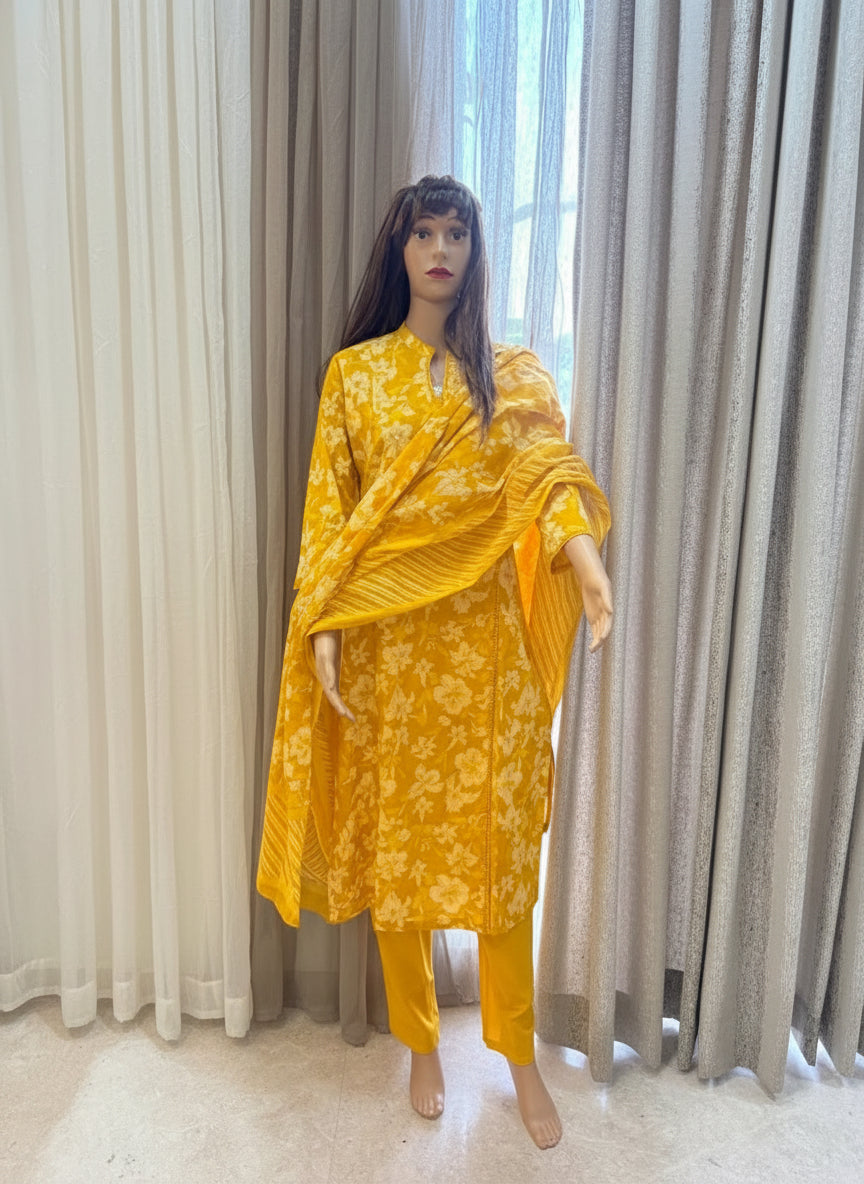 Yellow Cotton Angrakha Printed Kurta Set