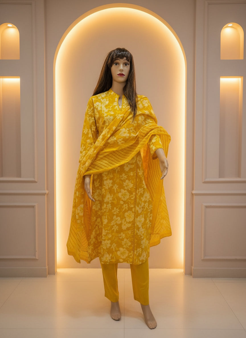 Yellow Cotton Angrakha Printed Kurta Set