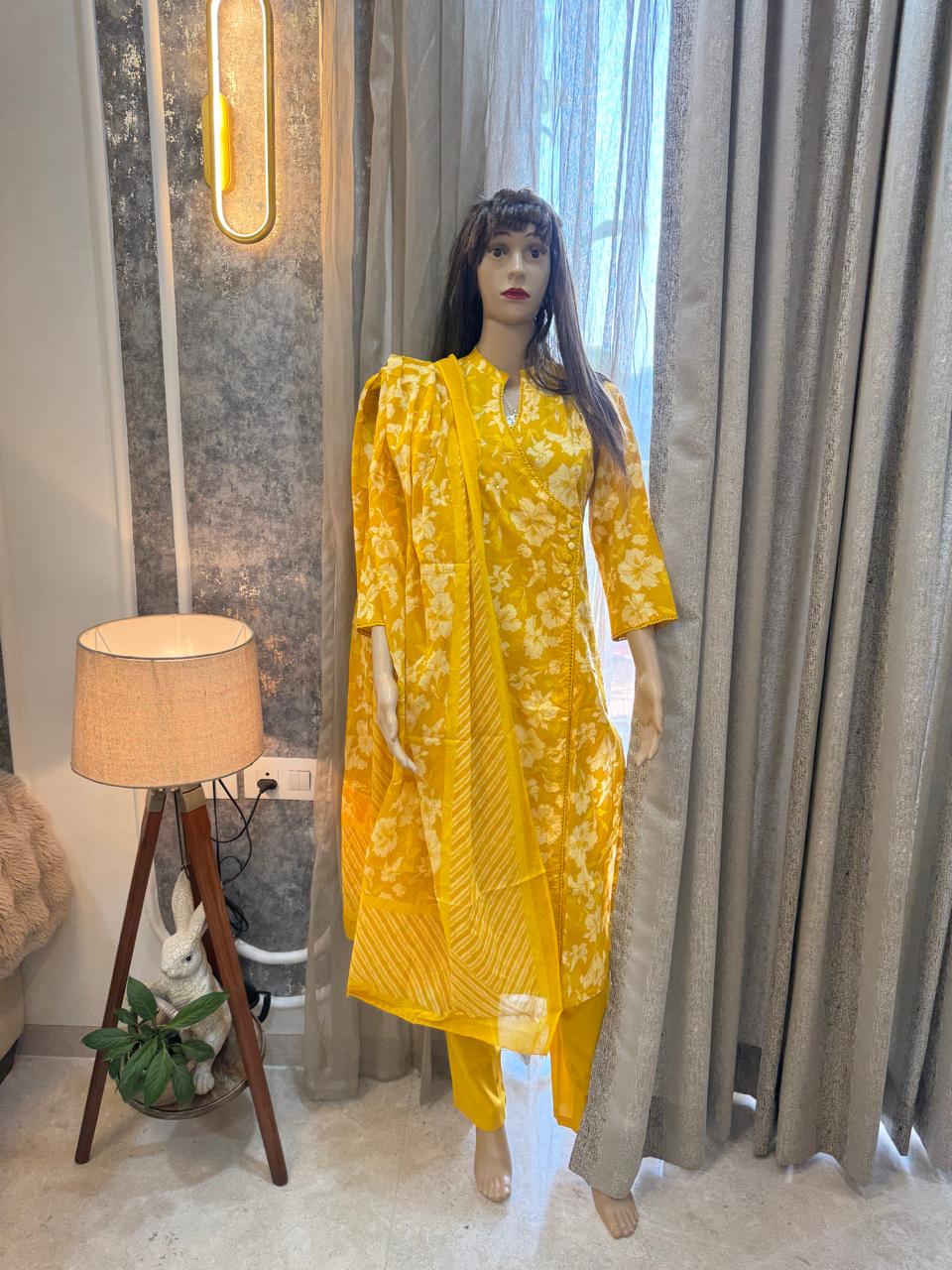 Yellow Cotton Angrakha Printed Kurta Set