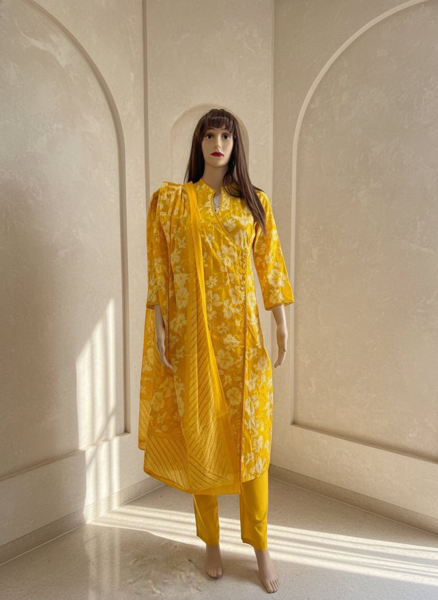 Yellow Cotton Angrakha Printed Kurta Set