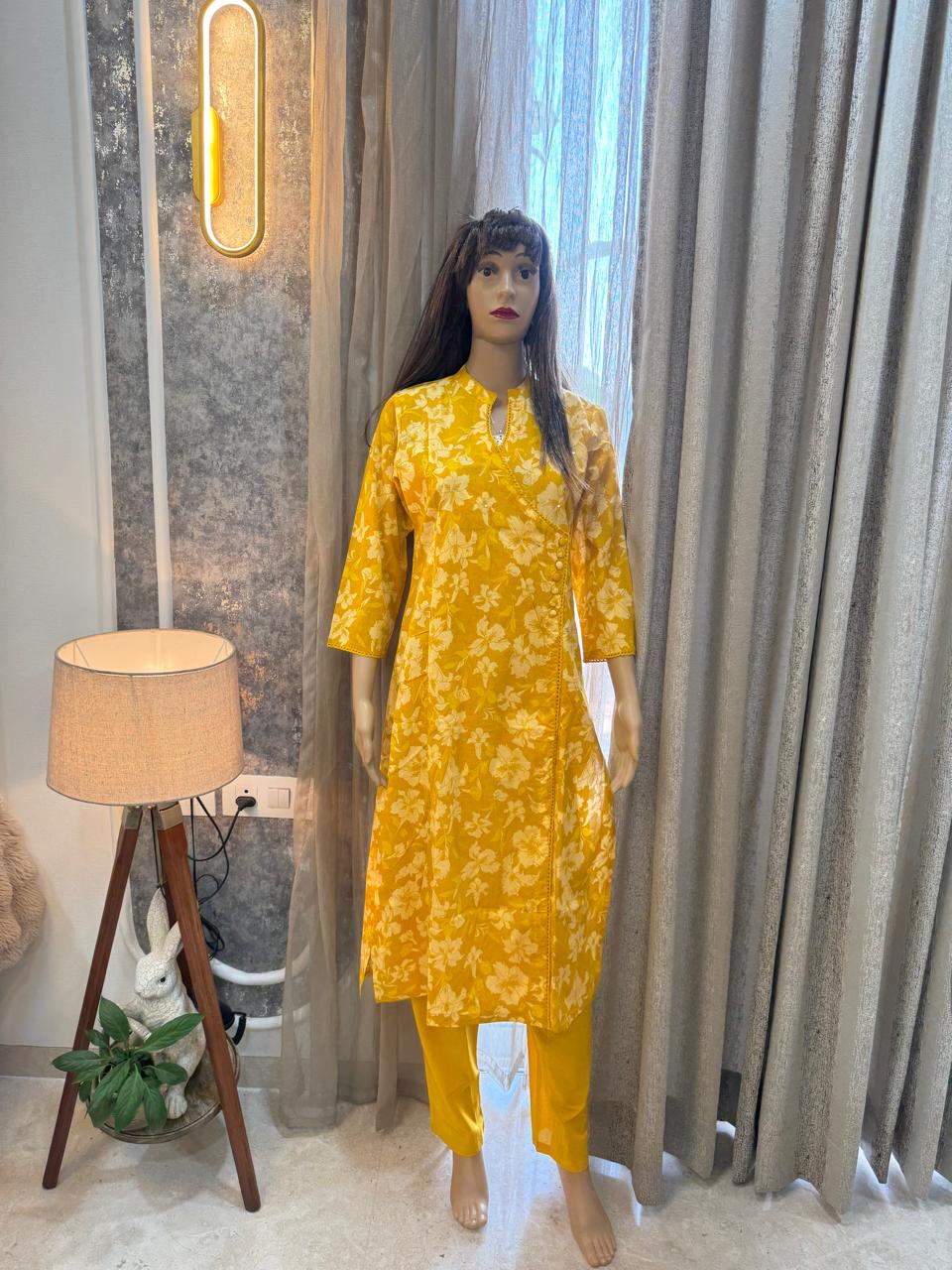 Yellow Cotton Angrakha Printed Kurta Set