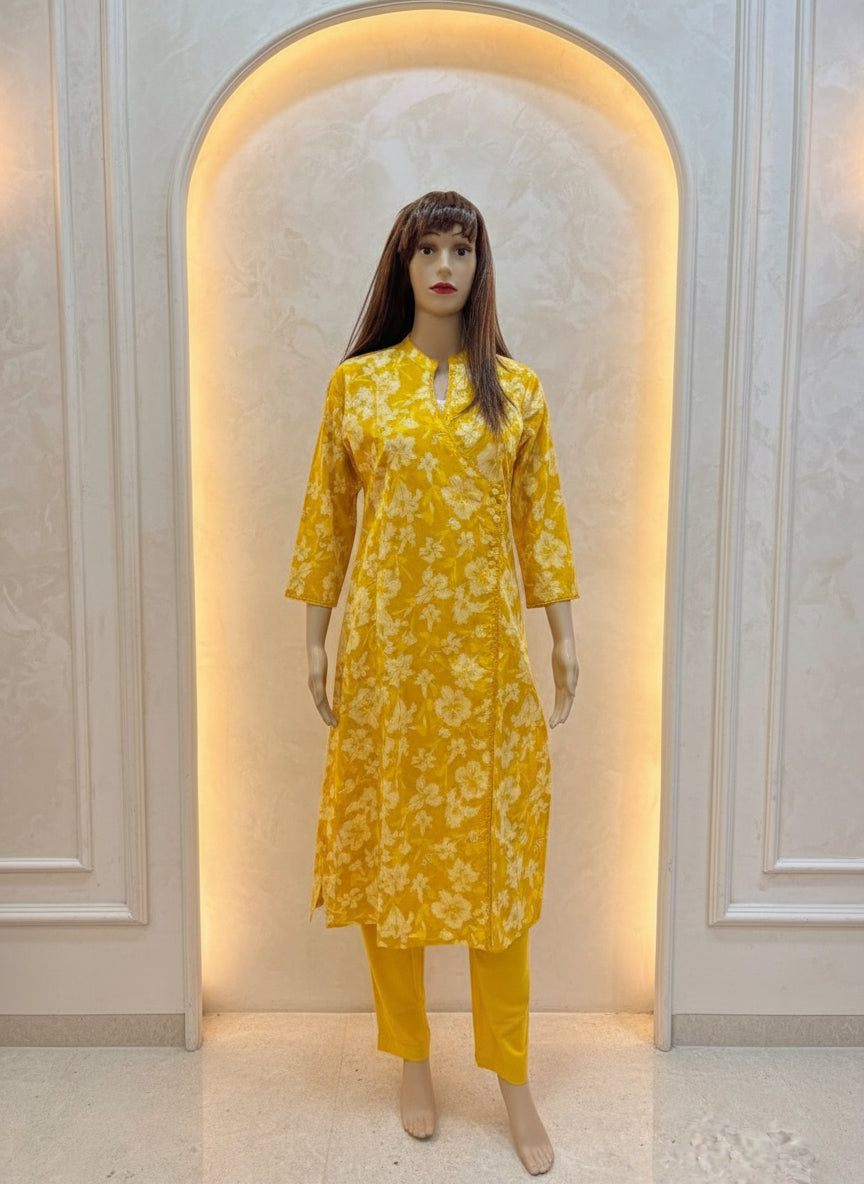 Yellow Cotton Angrakha Printed Kurta Set
