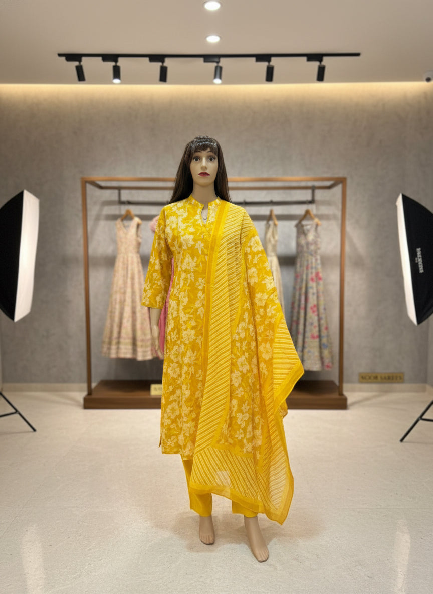 Yellow Cotton Angrakha Printed Kurta Set