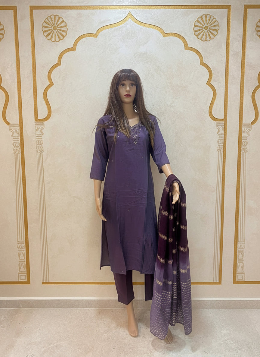 Silk Kurta Set with Neck Embroidery Design