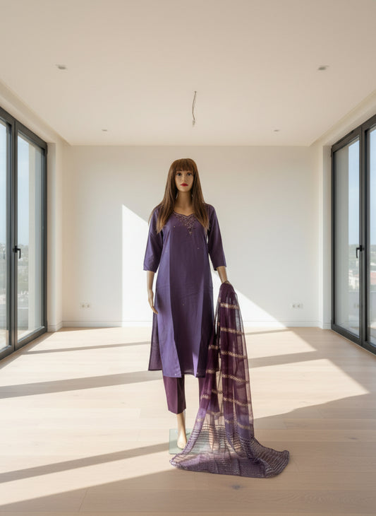 Silk Kurta Set with Neck Embroidery Design