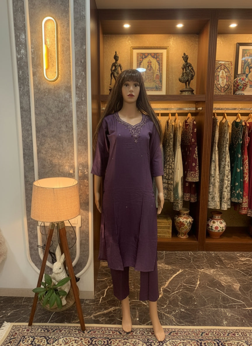 Silk Kurta Set with Neck Embroidery Design