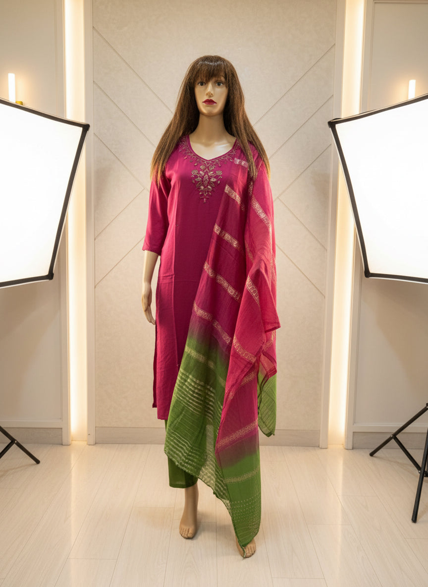 Hot Pink and Green Silk Kurta Set