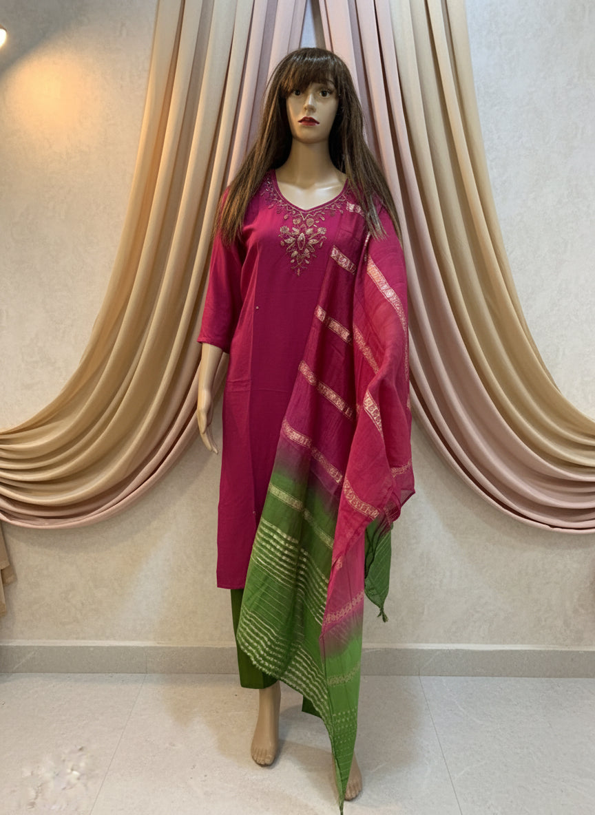 Hot Pink and Green Silk Kurta Set