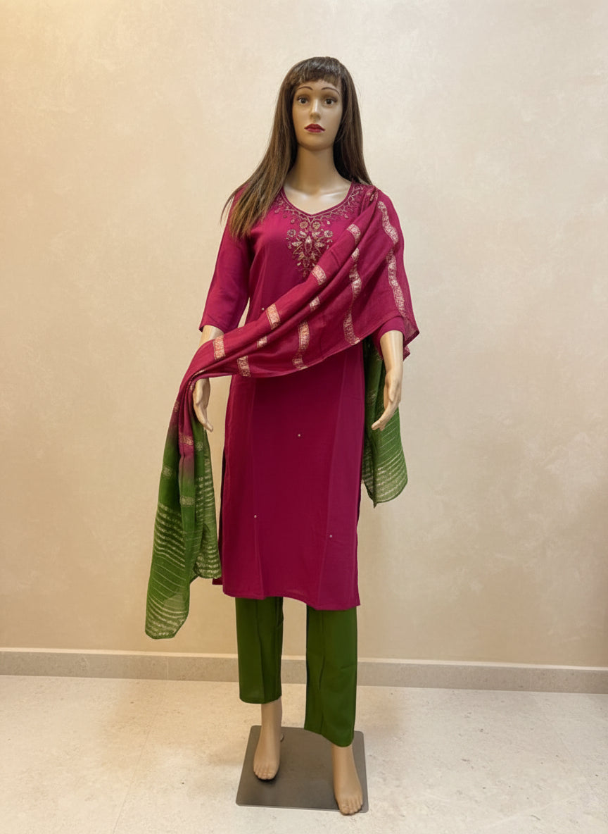 Hot Pink and Green Silk Kurta Set