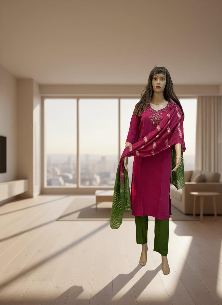 Hot Pink and Green Silk Kurta Set