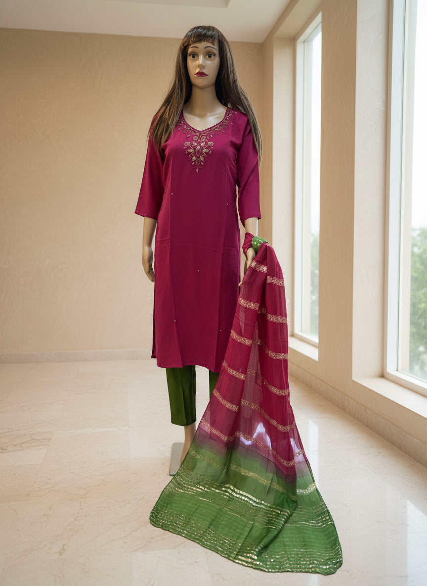Hot Pink and Green Silk Kurta Set