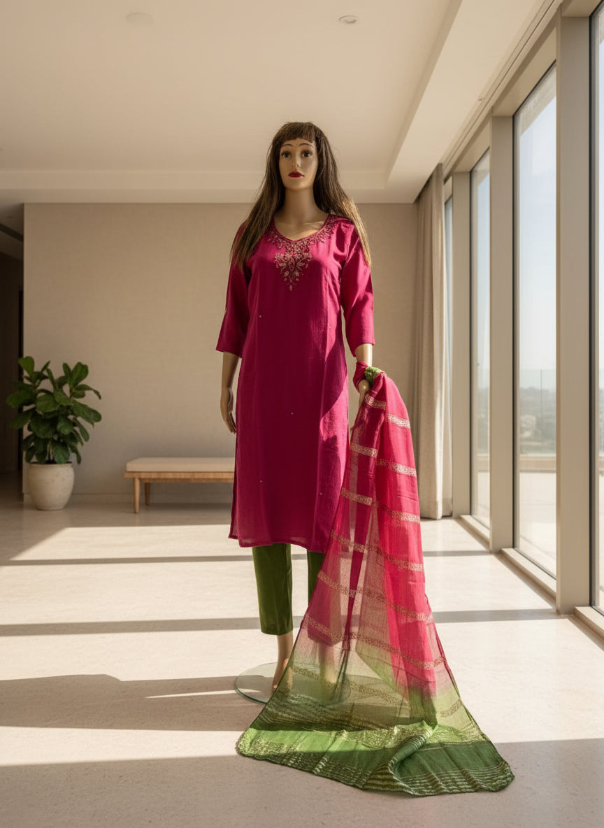 Hot Pink and Green Silk Kurta Set