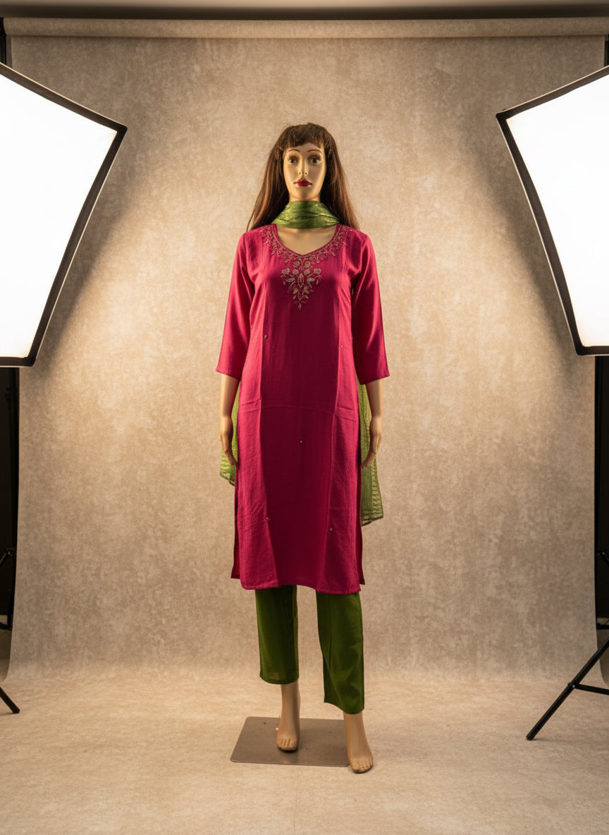 Hot Pink and Green Silk Kurta Set