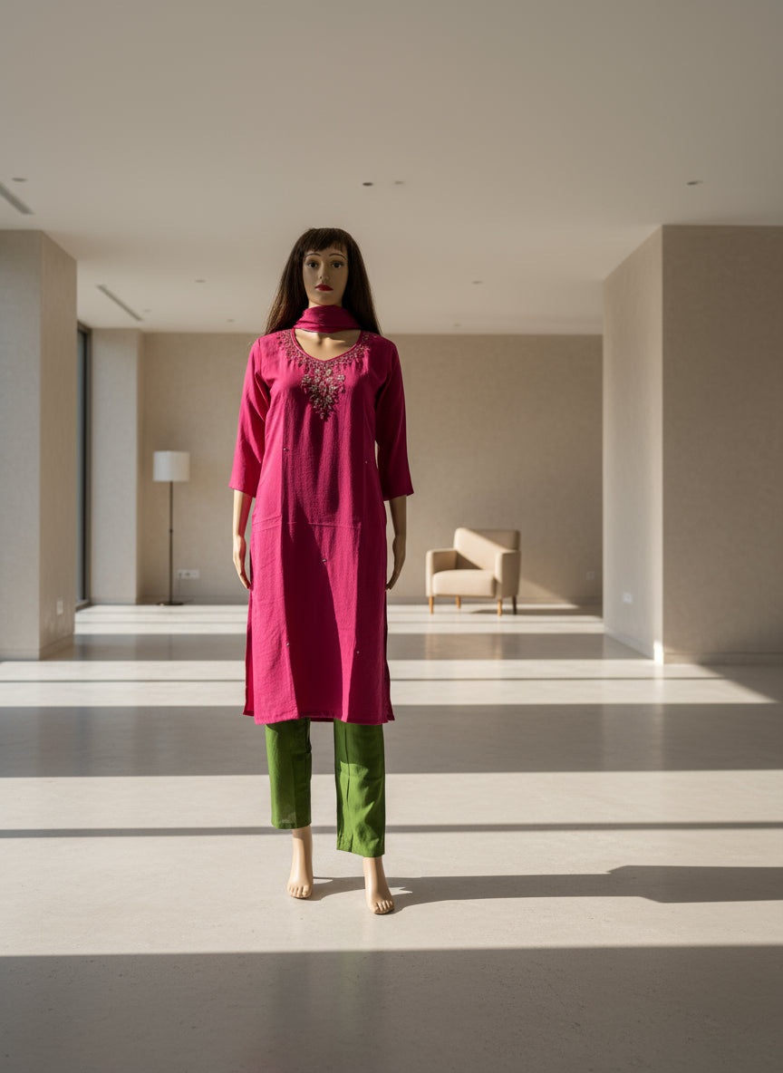Hot Pink and Green Silk Kurta Set